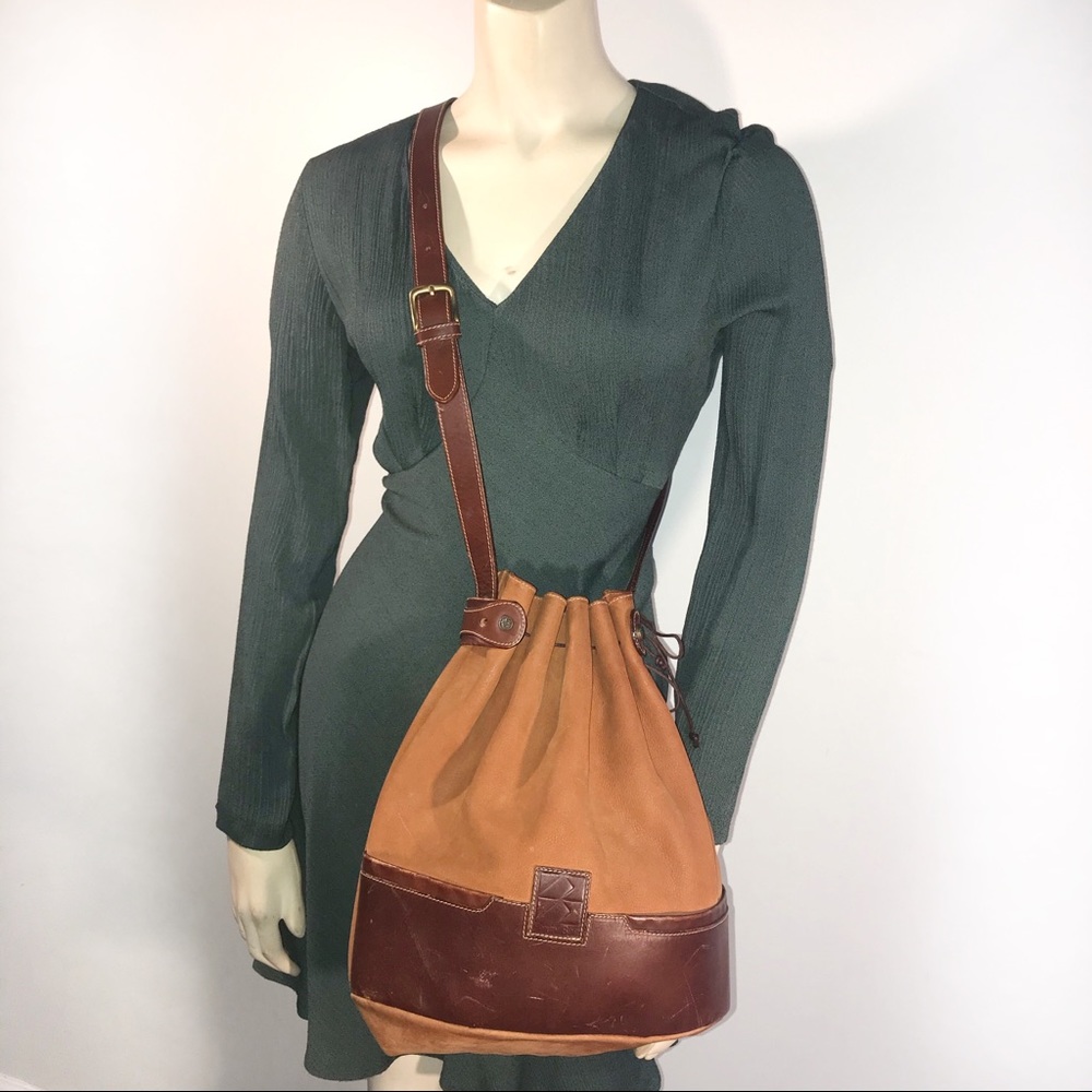 Genuine Leather & Suede Drawstring Shoulder Bag